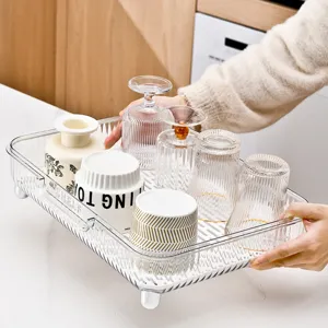 Nordic Luxury Transparent Cup Draining Rack Plastic Kitchen Countertop Storage Shelf With Electroplated Feet And Drain Tray