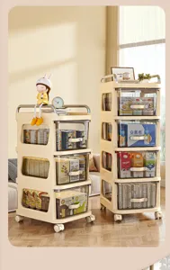 Detailed view of cream-colored rolling cart with transparent drawers showing storage capacity
