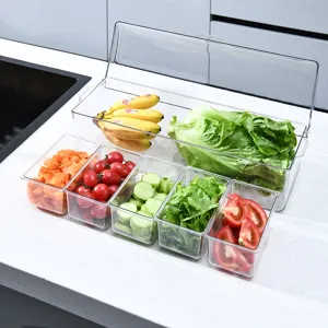 Clear 5-compartment chilled salad server with lid and removable trays for picnic