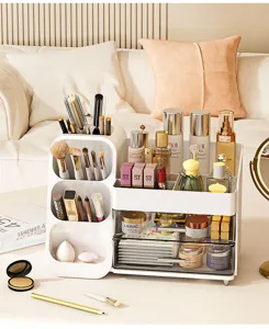 Organizador de maquillaje de gran capacidad con cajones transparentes y porta brochas