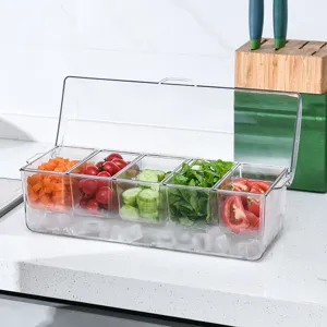 Portable transparent 5-compartment salad box with lid for chilled vegetable storage