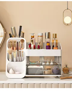 Gran organizador de cosméticos blanco con cajones y porta brochas para mesa