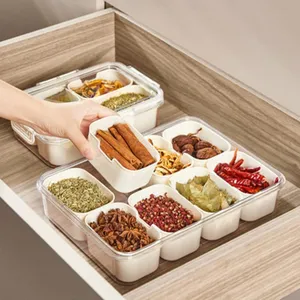 Detailed view of multi-compartment kitchen storage box for spices and food organization