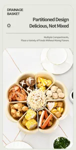 Multi-compartment rotating hot pot platter filled with various fresh food ingredients