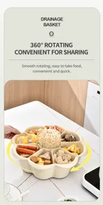 Rotating divided hot pot platter showing various ingredients in a kitchen setting