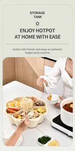 Lifestyle detail showing a rotating hotpot platter filled with fresh vegetables and seafood