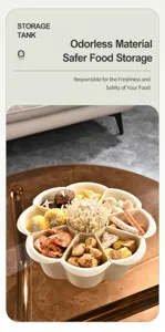 Close-up of a rotating divided hot pot platter filled with fresh vegetables and seafood
