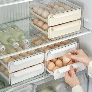 Transparent 32-grid 2-layer drawer style PET egg storage box for refrigerator organization
