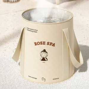 Foldable Foot Bath Basin Portable Insulated Soaking Bag Deep Bucket For Home Travel Rose Spa Cartoon Print Beige Pink