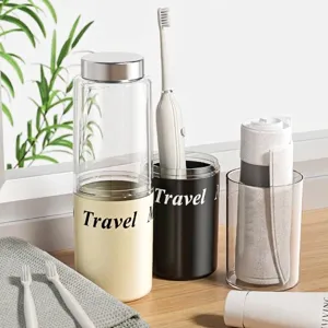 Portable travel toothbrush storage cup set with transparent bottle and black cups