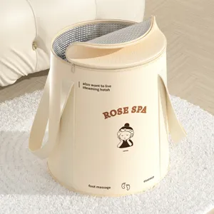 Portable cream collapsible foot bath bucket with thermal lining and rose spa design.