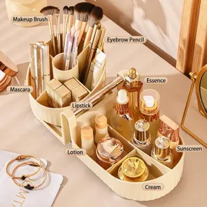 Rotating makeup brush and cosmetic organizer for desktop vanity storage