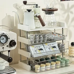Cream White Multi-Layer Desktop Storage Rack With Transparent Drawers For Coffee Tea Bag Snack Office Storage Organizer