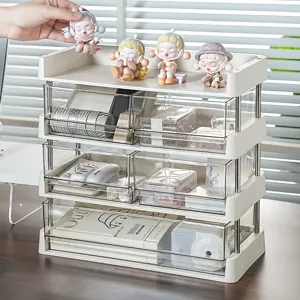 Three-tier cream desktop storage rack with transparent drawers for office stationery and art toys