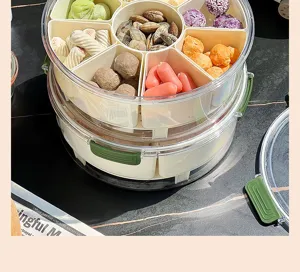 Close-up macro view of portable picnic food container with multiple divided compartments