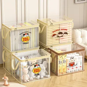 Foldable Thickened PVC Transparent Storage Bag Cartoon Print Dustproof Book Organizer Box For Student Dormitory Home Household Storage Bag