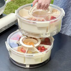 Portable Divided Food Storage Box For Picnic Camping Round Sealed PET Refrigerator Bento Box With Handle Fresh-Keeping Organizer
