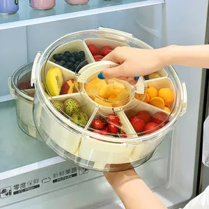 Portable round multi-compartment food storage box with handle and clear lid for picnic