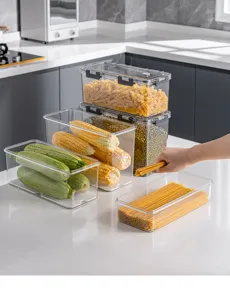 Clear plastic food containers storing vegetables and pasta in a modern kitchen.