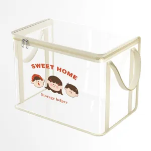 Clear foldable PVC storage bin featuring cute cartoon characters and sturdy handles