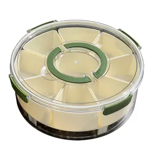 Round portable divided food storage container with handle for picnic snacks