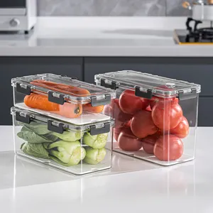 Large transparent food storage containers with airtight lids for fridge organization.