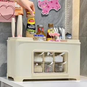 Multifunctional cream kitchen spice rack with knife holder and 6 seasoning boxes.