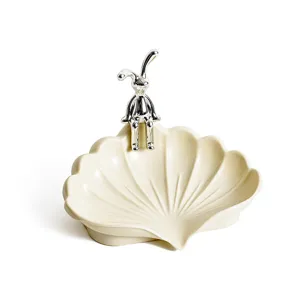Creative ivory shell-shaped soap dish with cute metallic silver bunny decoration