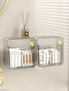 Caja de almacenamiento de cosméticos transparente de pared con detalle de trébol dorado