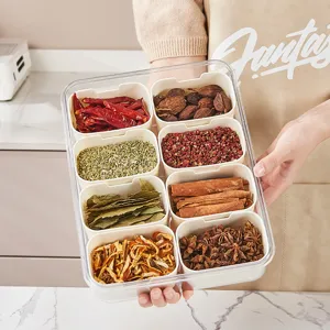 Transparent 8-compartment food-grade plastic spice storage box for kitchen organization.