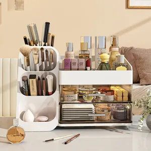 Organizador de maquillaje blanco y transparente de gran capacidad para escritorio.