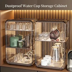 Luxury Transparent Cup Storage Rack Stackable Dustproof Cabinet Cosmetic Organizer PS Plastic Desktop Display Shelf For Office Kitchen Home