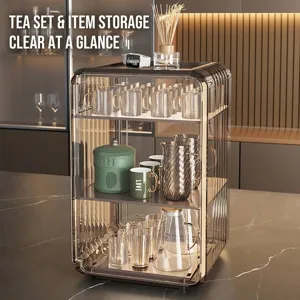 Luxury minimalist transparent 3-tier dustproof cup storage rack for desktop and cabinet