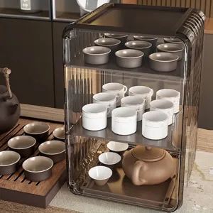 Luxury clear 3-tier tea cup organizer with dustproof lid for office desk and kitchen