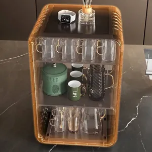 Luxury amber transparent three-tier cup organizer rack for dustproof desktop storage