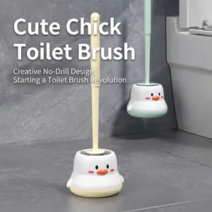 Cute Cartoon Chick Shaped Toilet Brush Set Wall Mounted Long Handle Bathroom Cleaning Tool With Drainage Holder Base