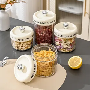 Elegant ribbed plastic airtight storage jars with cream lids for dry food organization