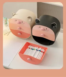 Cute cartoon pig desktop drawer organizer with an open drawer showing colorful markers.
