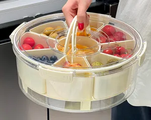 Portable 6-compartment clear storage box with handle for fruits and kitchen organization