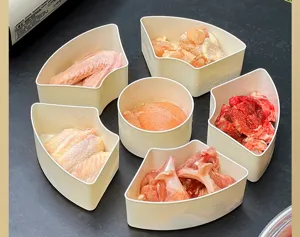 Set of 6 petal-shaped food containers holding fresh meats for fridge organization.