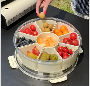 Detailed view of divided snack tray filled with fresh fruits and transparent lid