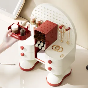 Organizzatore multifunzionale per cosmetici crema e rosso con cassetti e pannello