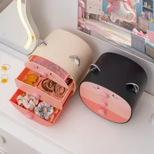Cute cartoon pig 3-layer desktop storage drawers for makeup and jewelry organizer