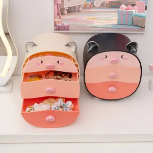Cute pig-shaped desktop jewelry and cosmetic organizer with three storage drawers