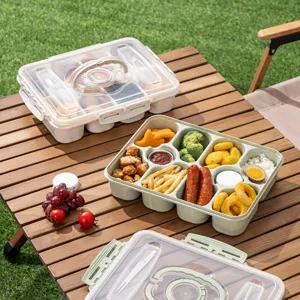 Outdoor picnic wheat straw bento lunch box with 10 compartments and portable carry handle