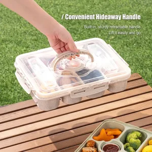 Portable wheat straw bento box featuring a retractable handle and 10 compartments