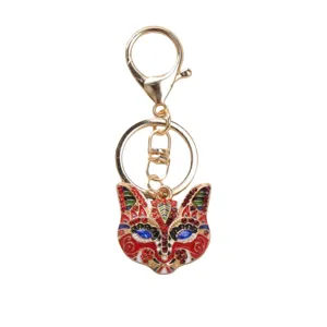 Vintage fox mask keychain with colorful rhinestones and gold-toned alloy bag charm