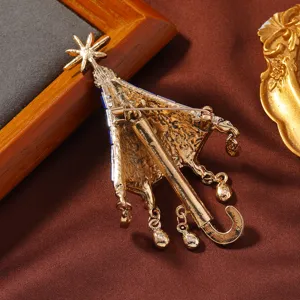Vintage goldene Regenschirm Brosche mit Schneeflocken und hängenden Quasten, Rückansicht