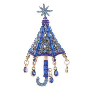 Exquisite Vintage-Regenschirm-Brosche mit blauen Strasssteinen und Schneeflocken-Anhänger