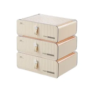 Stackable cream-colored three-tier drawer storage box for underwear and desktop organization